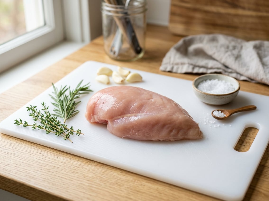 A whole raw chicken breast placed side up on a white cutting board with fresh herbs and garlic cloves nearby on a wooden kitchen countertop.