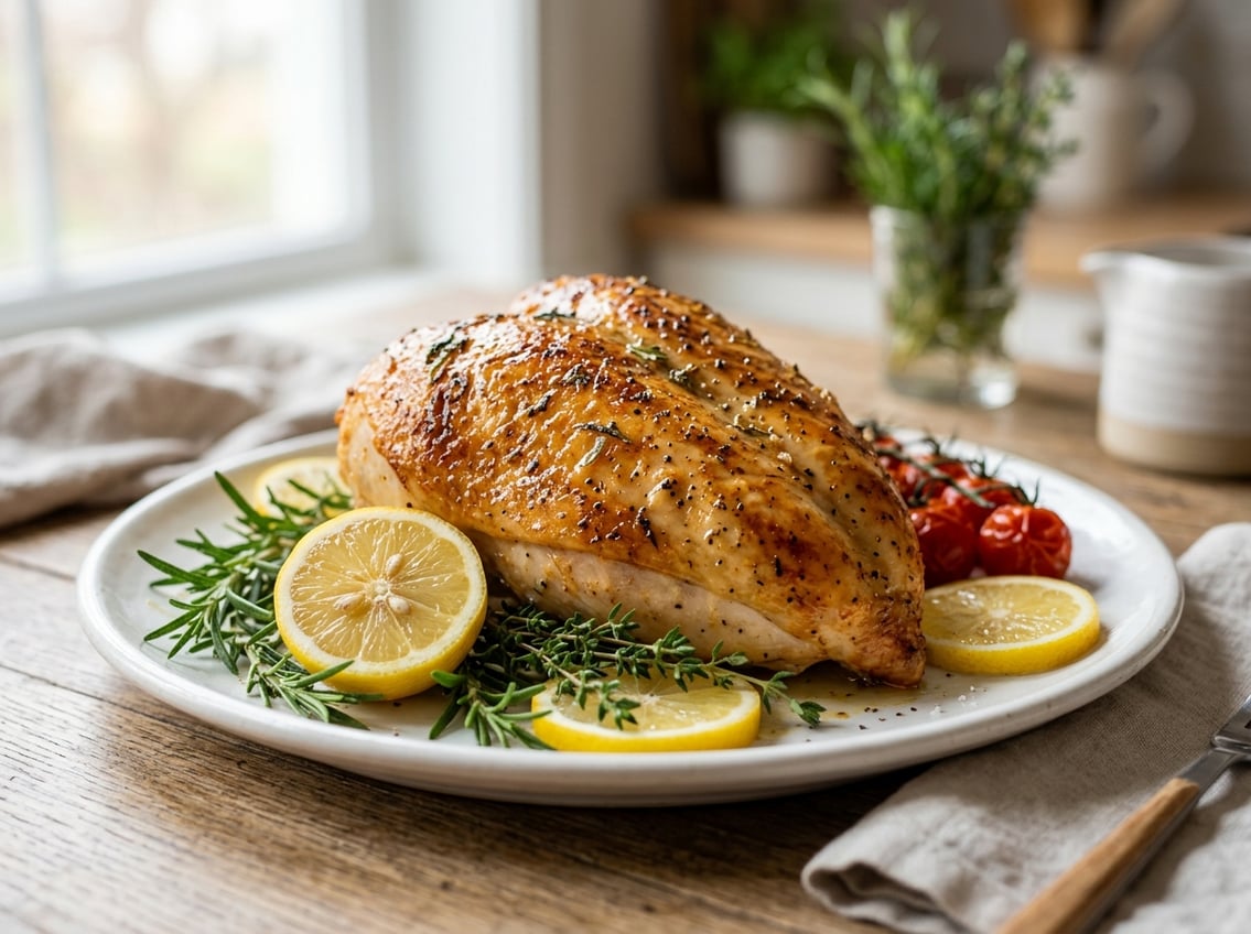 A whole cooked chicken breast breast side up on a white plate with rosemary, thyme, and lemon slices on a wooden table.