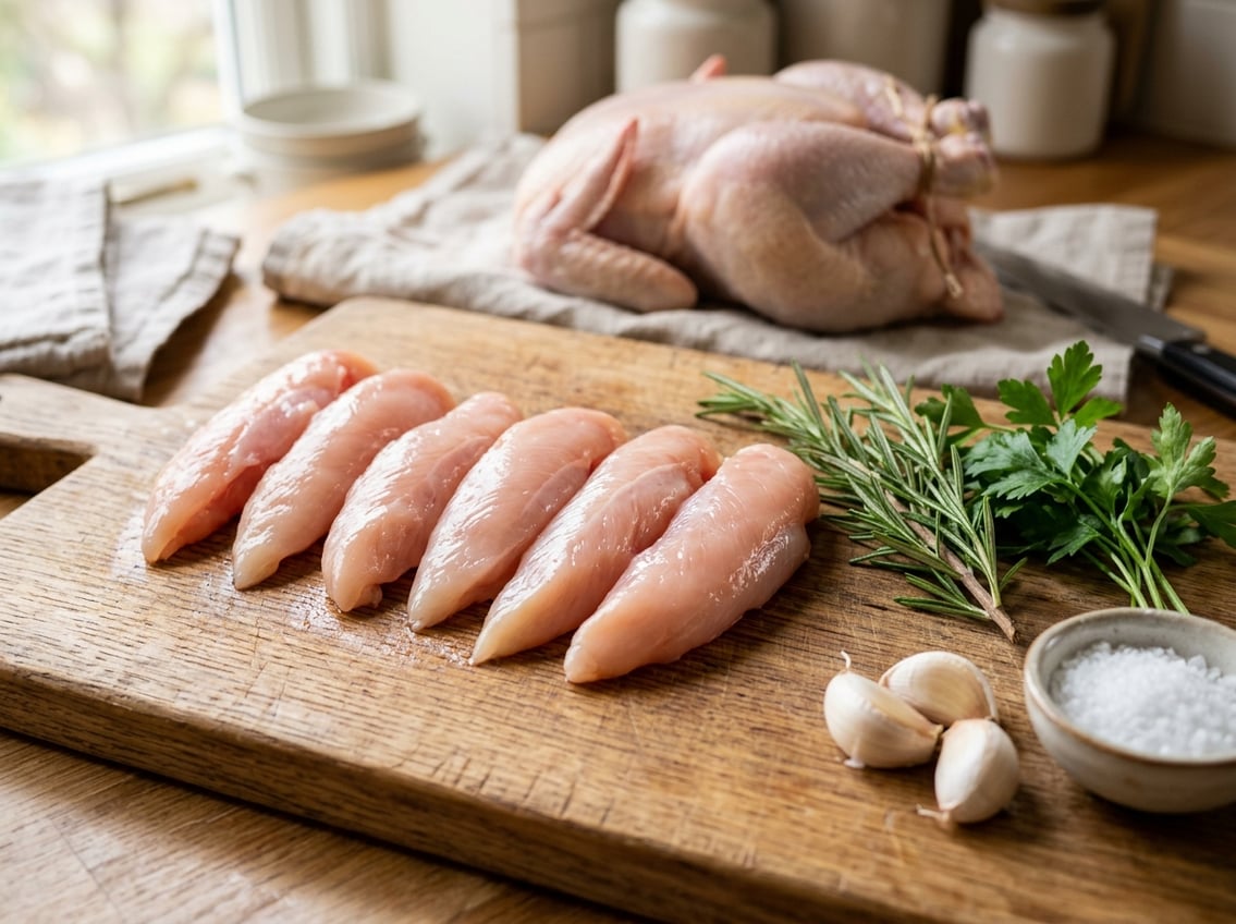Close-up of raw chicken breast tenderloins on a wooden cutting board with fresh herbs and a whole raw chicken in the background.