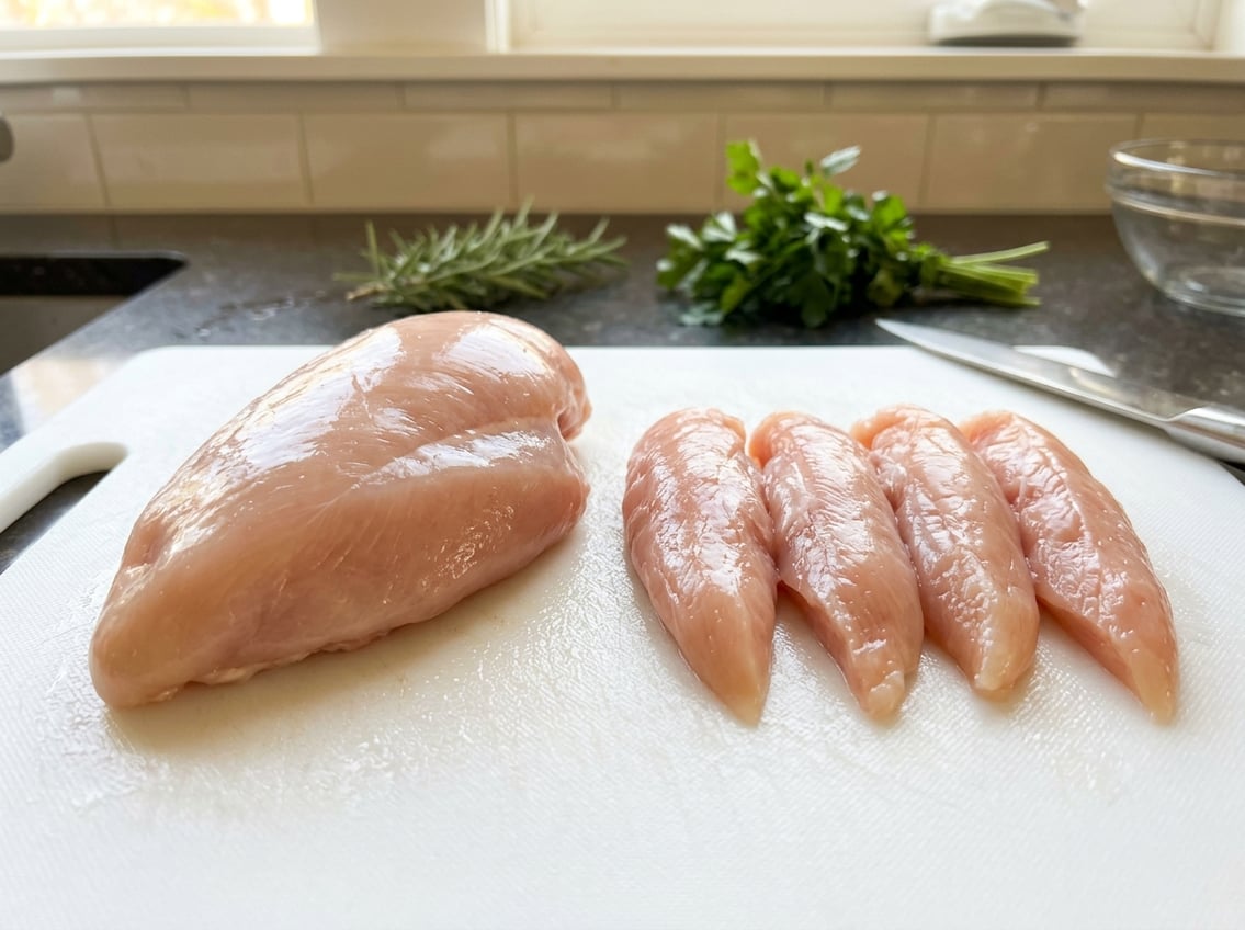 Close-up of raw chicken breast and chicken tenderloin pieces placed side by side on a white cutting board in a kitchen setting.