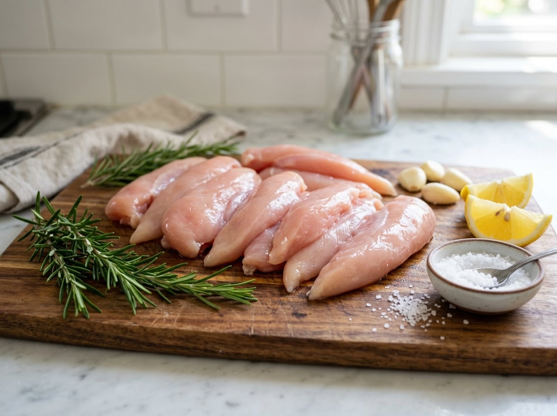 Close-up of raw chicken breast tenderloins on a wooden cutting board with garlic, rosemary, lemon wedges, and sea salt on a kitchen countertop.