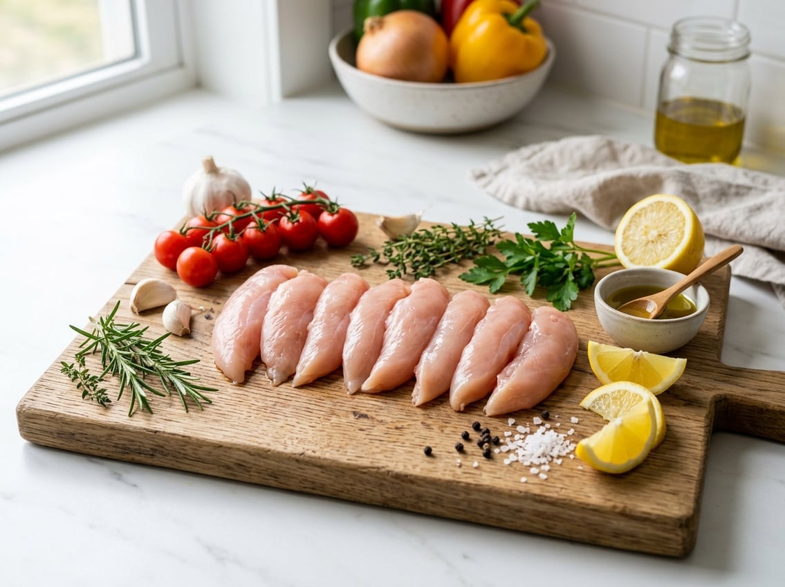Fresh raw chicken breast tenderloins on a wooden cutting board with tomatoes, garlic, rosemary, lemon wedges, and olive oil on a kitchen countertop.