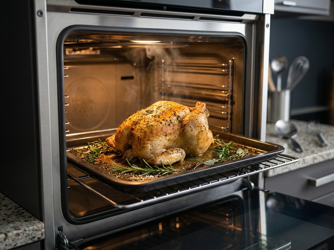Whole chicken breast roasting in an oven on a baking tray with herbs.