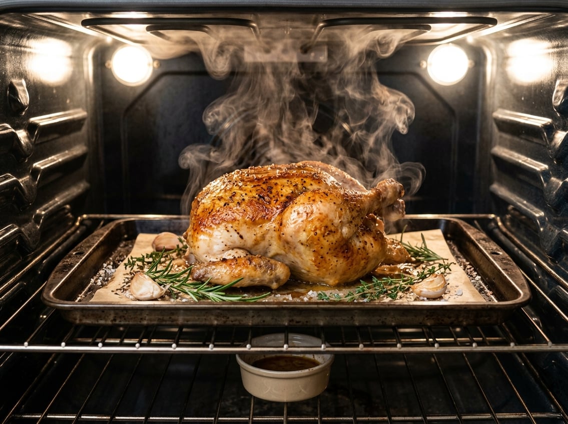 A whole chicken breast roasting in an oven on a baking tray with fresh herbs.