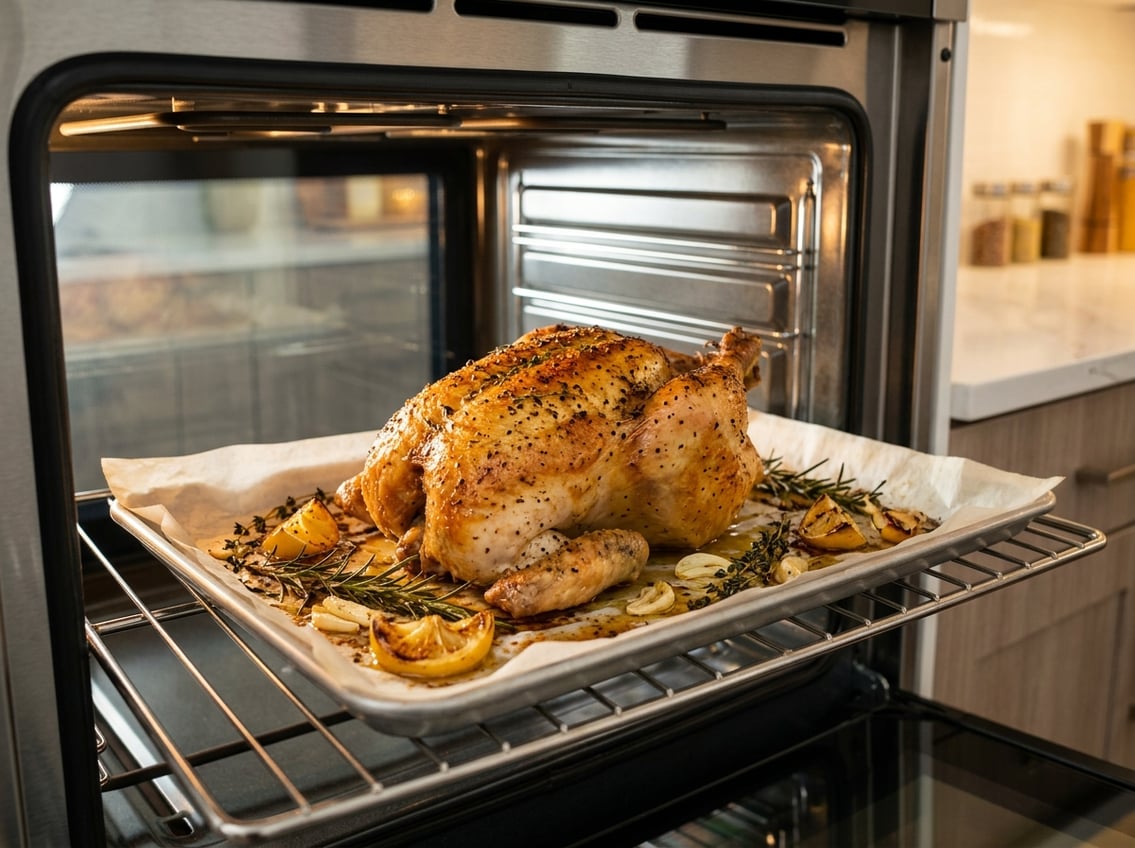 A whole chicken breast roasting in an oven on a baking tray with herbs and lemon slices.
