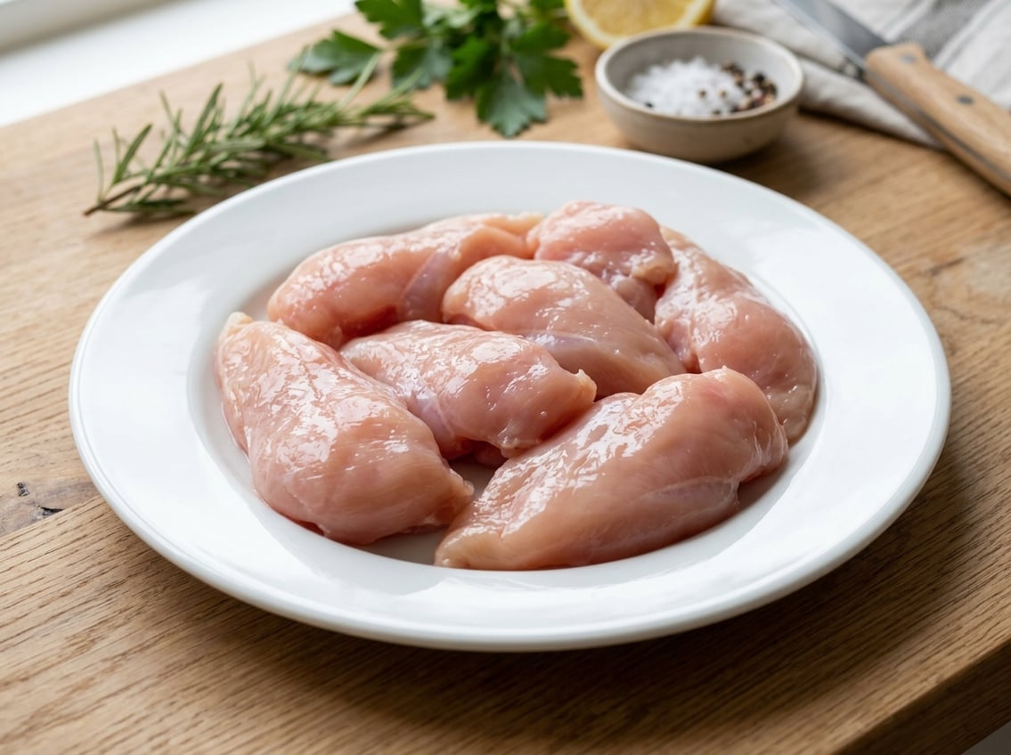 Close-up of raw chicken breast pieces on a white plate with fresh herbs and lemon in the background.