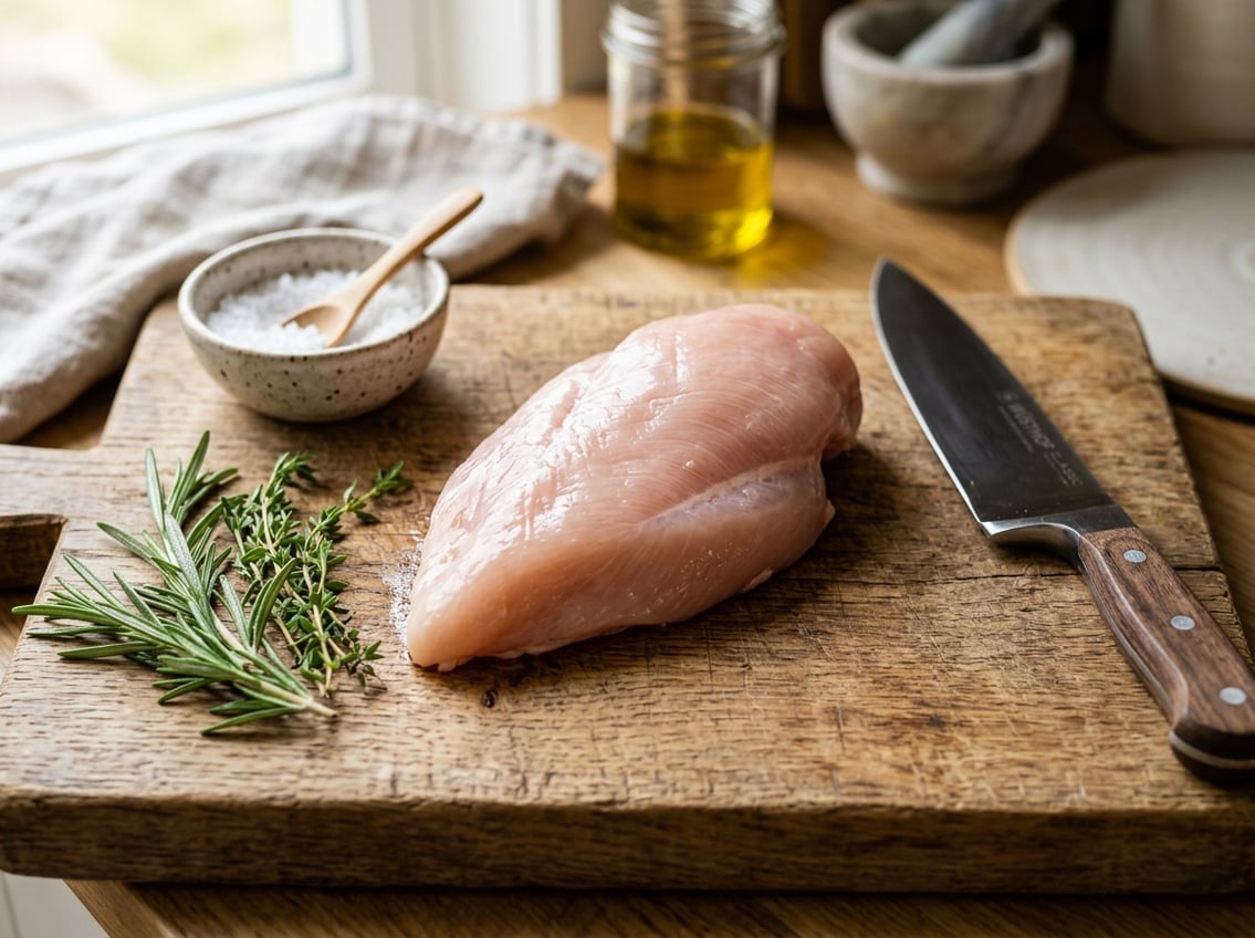 A raw chicken breast piece on a wooden cutting board with fresh herbs and a knife nearby.