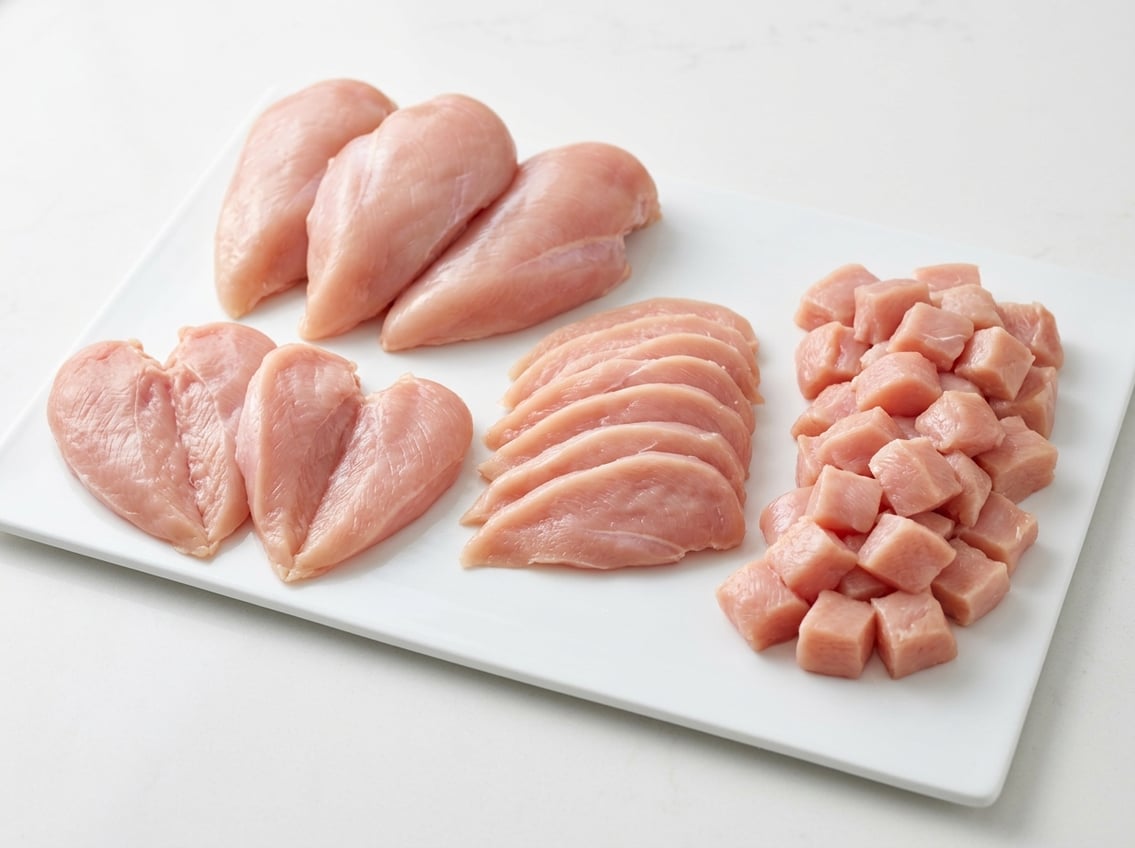 Various raw chicken breast cuts arranged neatly on a white surface, including whole breasts, butterfly cuts, slices, and diced pieces.