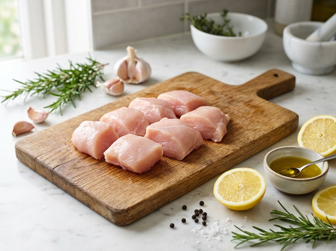 Close-up of raw chicken breast pieces on a cutting board surrounded by garlic, rosemary, lemon slices, and olive oil in a bright kitchen setting.