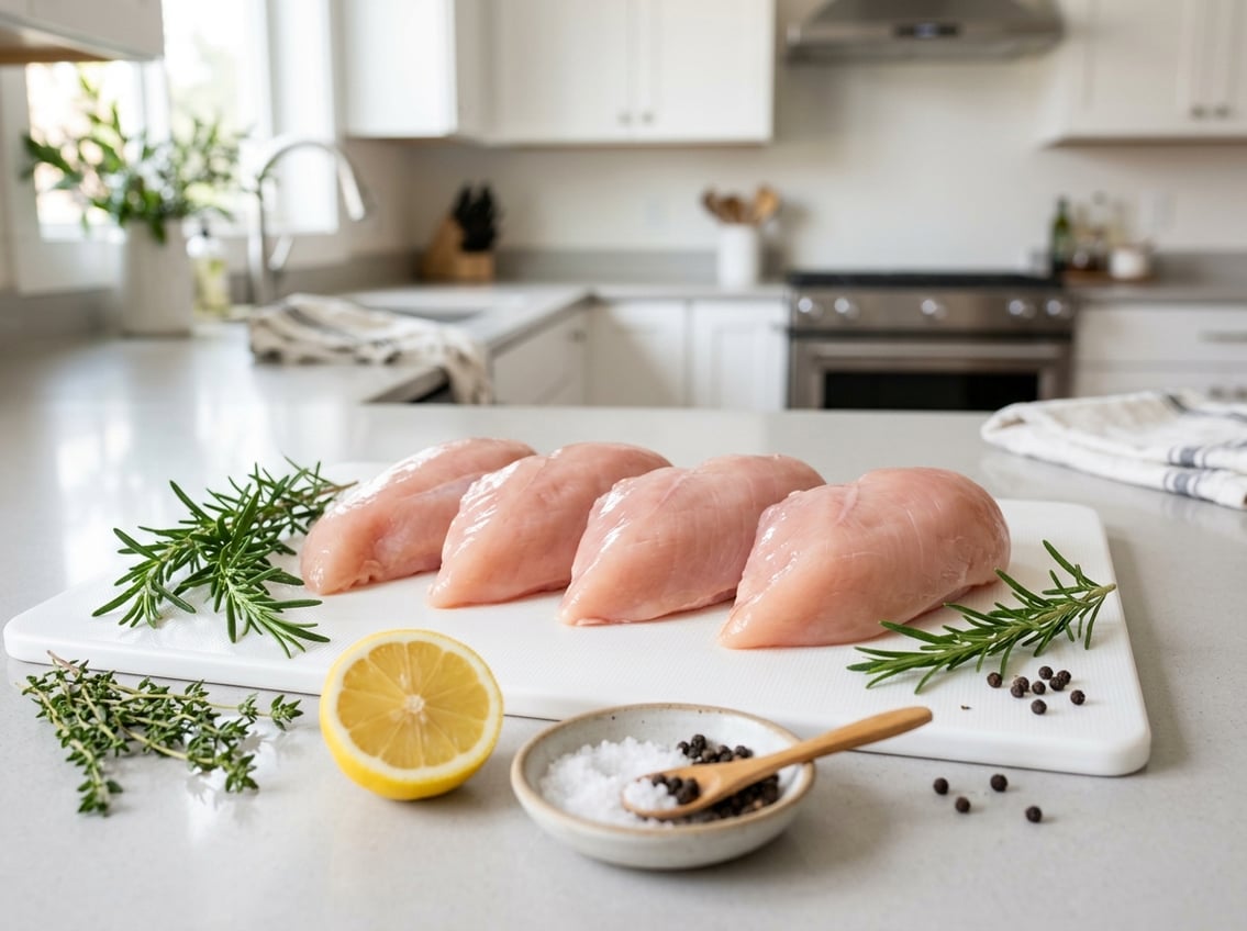 Fresh raw chicken breast fillets arranged on a cutting board with herbs, lemon, and seasoning on a kitchen countertop.