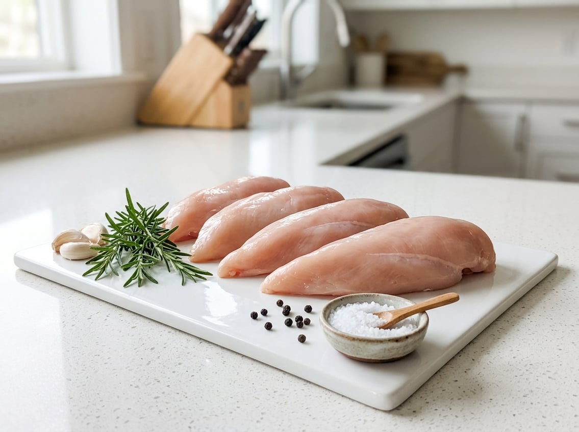 Raw chicken breast fillets arranged on a cutting board with rosemary, garlic, and sea salt on a kitchen countertop.