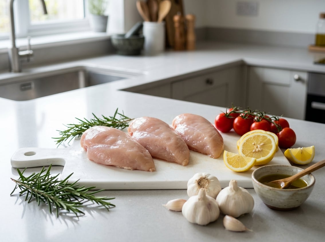 Fresh raw chicken breast fillets on a cutting board surrounded by garlic, rosemary, cherry tomatoes, lemon slices, and olive oil in a bright kitchen setting.