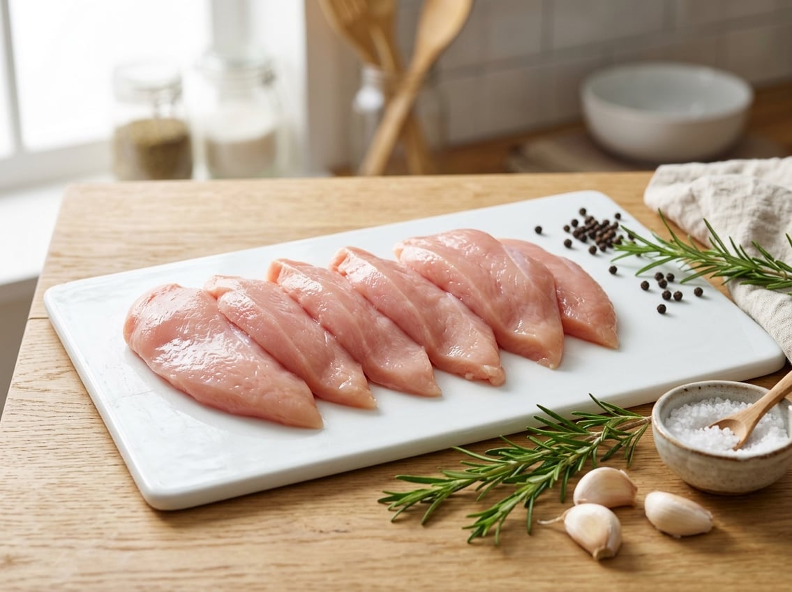 Raw chicken breast cutlets arranged on a white cutting board with rosemary, garlic, and sea salt nearby.