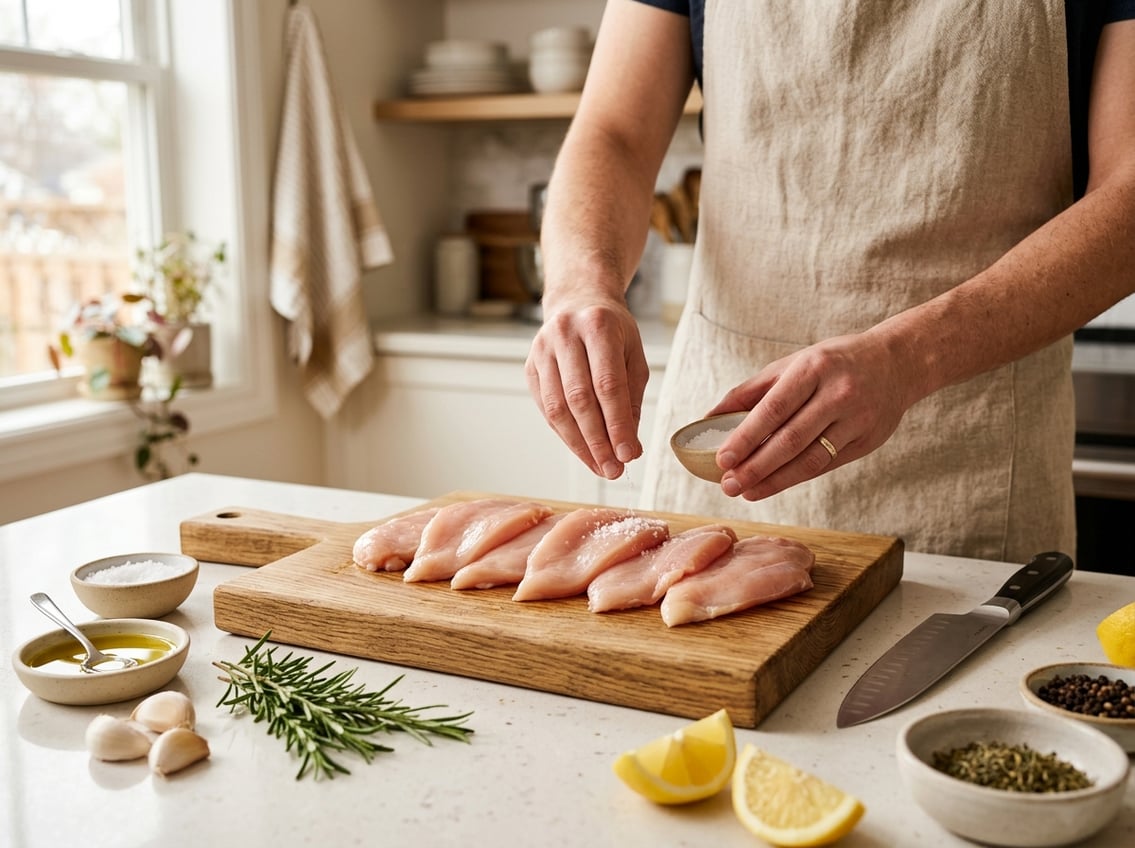 Fresh raw chicken breast cutlets on a cutting board with cooking ingredients and hands preparing them in a kitchen.