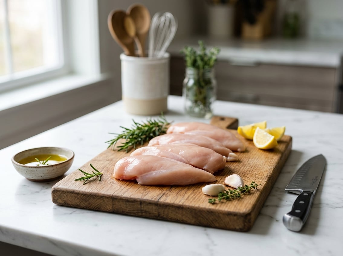 Raw chicken breast cutlets arranged on a wooden cutting board with fresh herbs, lemon wedges, and garlic in a kitchen setting.