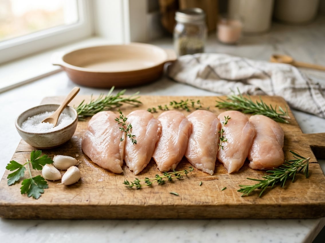 Close-up of raw chicken breast cutlets on a wooden cutting board with fresh herbs and garlic in a kitchen setting.