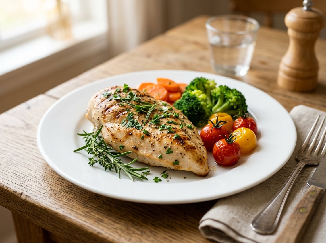 A cooked chicken breast on a white plate garnished with green herbs, surrounded by fresh vegetables like broccoli and cherry tomatoes.
