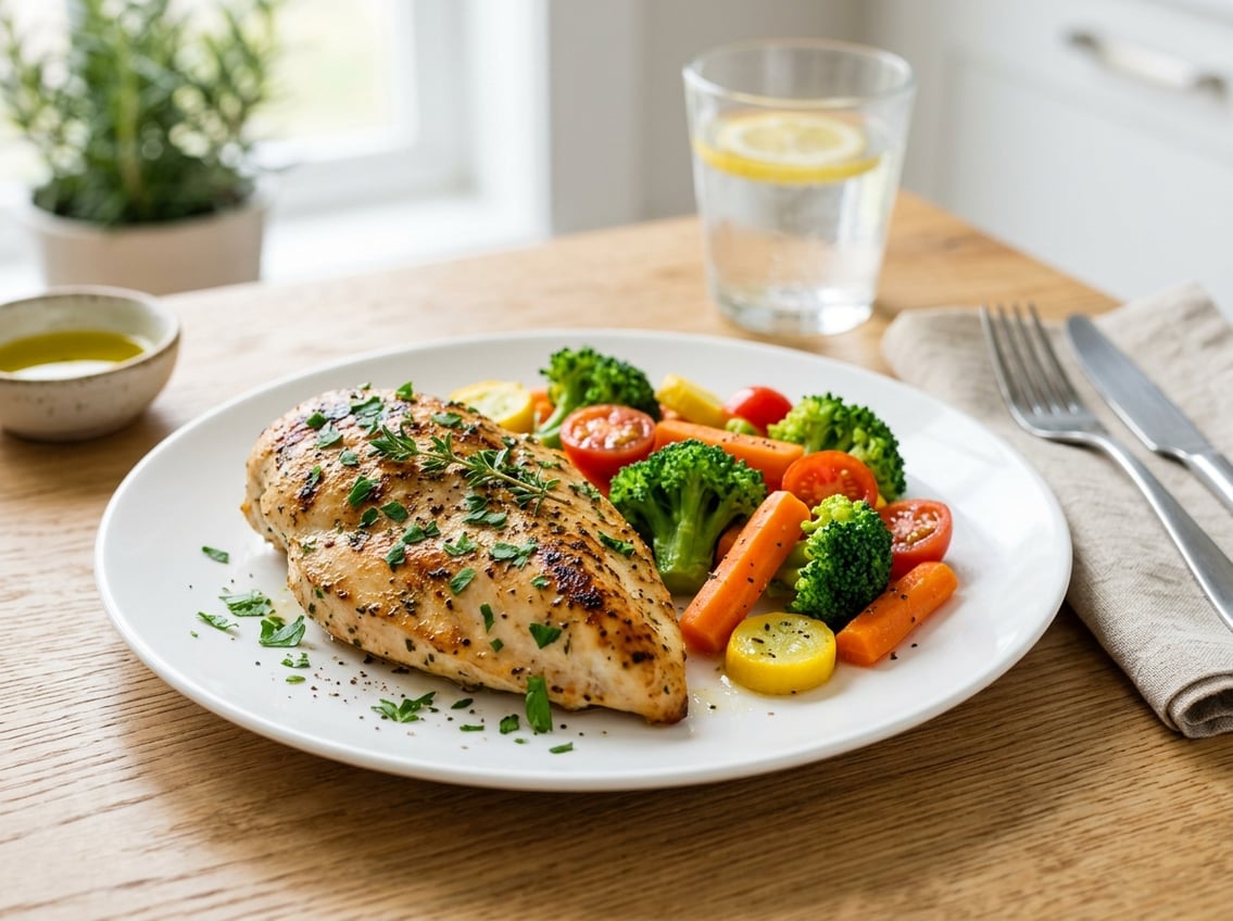 A cooked chicken breast on a white plate with steamed vegetables and fresh herbs on a dining table.