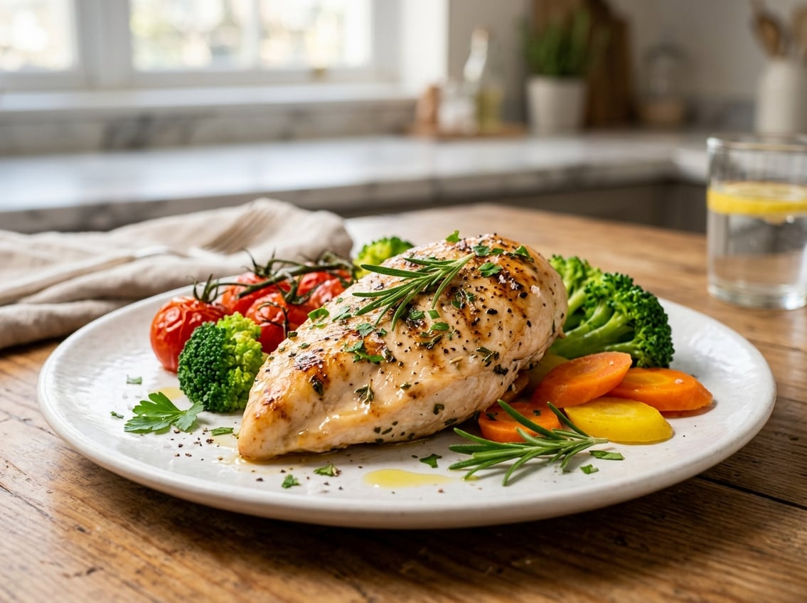 A cooked chicken breast garnished with fresh herbs on a white plate, accompanied by colorful vegetables on a table in a kitchen.