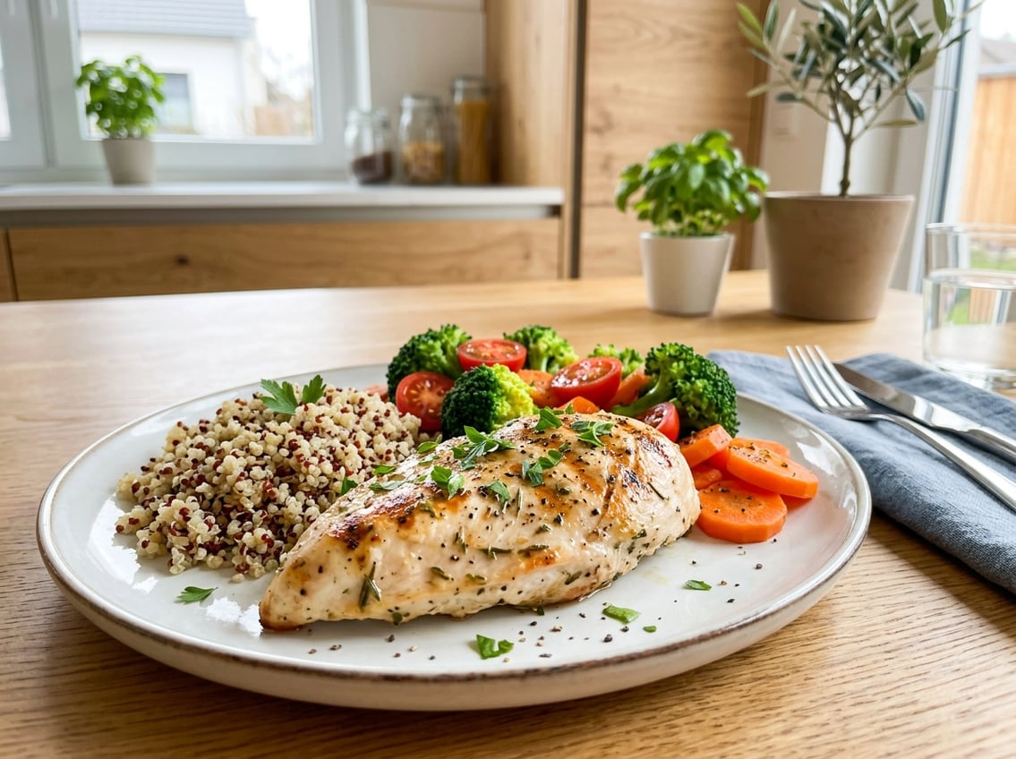 A plate with grilled chicken breast, steamed broccoli, cherry tomatoes, sliced carrots, and quinoa on a table in a bright kitchen.