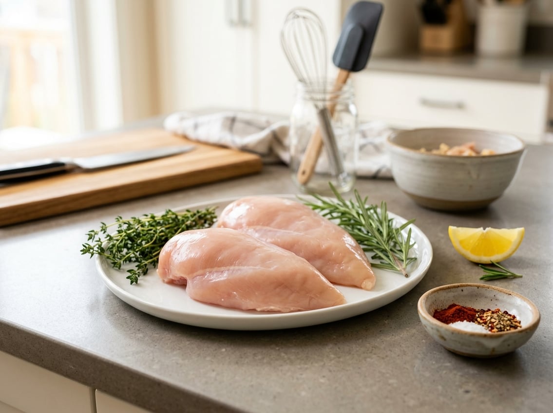 Fresh raw chicken breasts on a white plate with herbs and spices on a kitchen countertop.