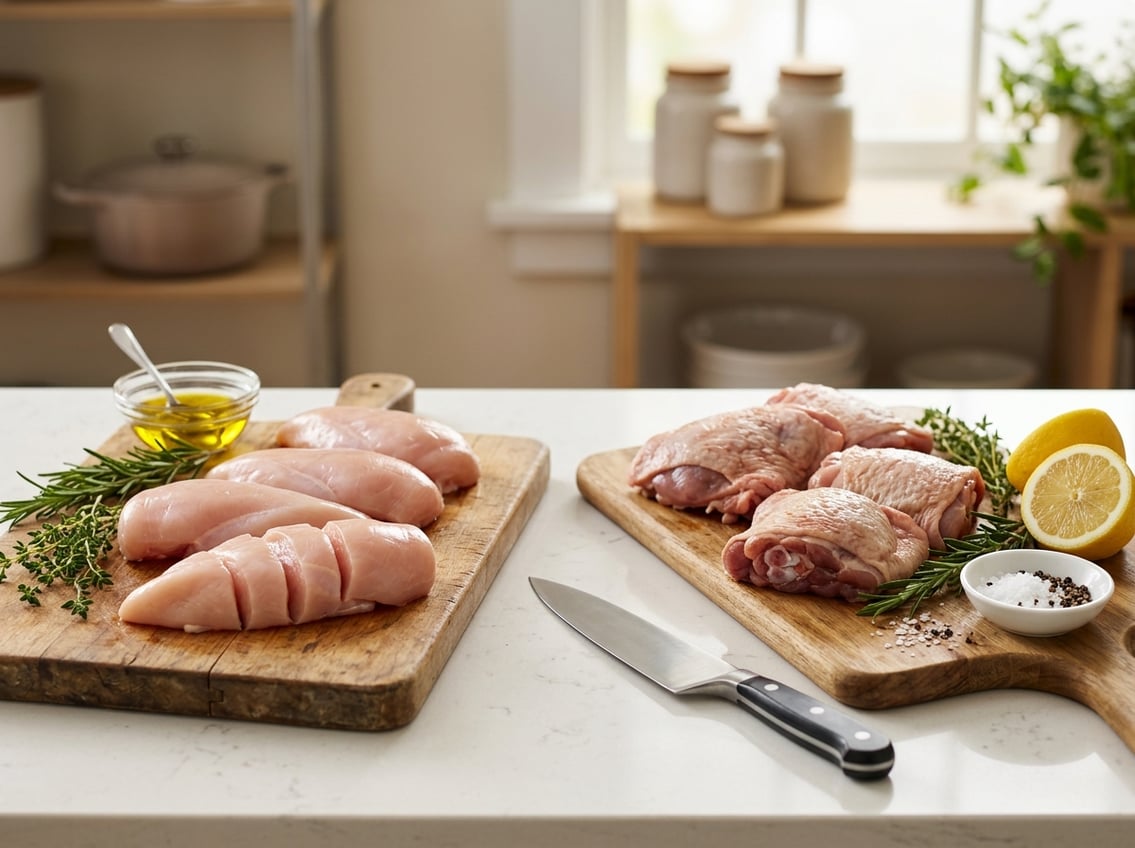 Fresh raw chicken breast and chicken thighs displayed separately on wooden cutting boards with herbs and kitchen utensils on a countertop.
