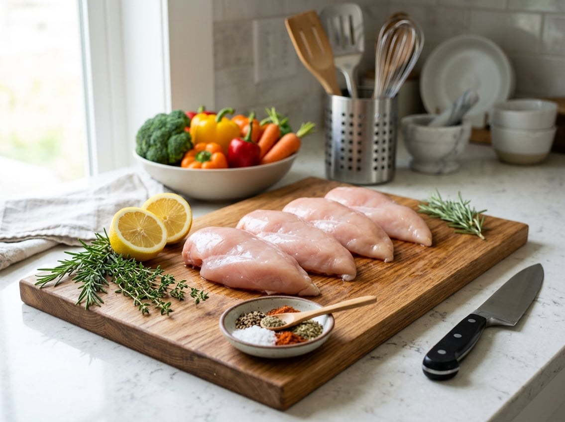 Fresh raw chicken breasts on a wooden cutting board with herbs, lemon, and a knife in a kitchen setting.