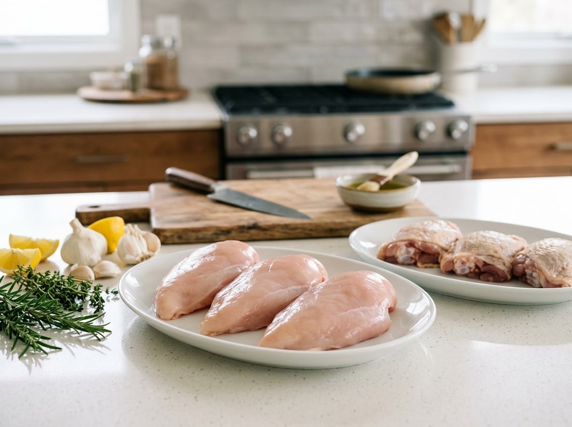 Raw chicken breast and chicken thighs on separate plates on a kitchen countertop with fresh herbs and cooking ingredients nearby.