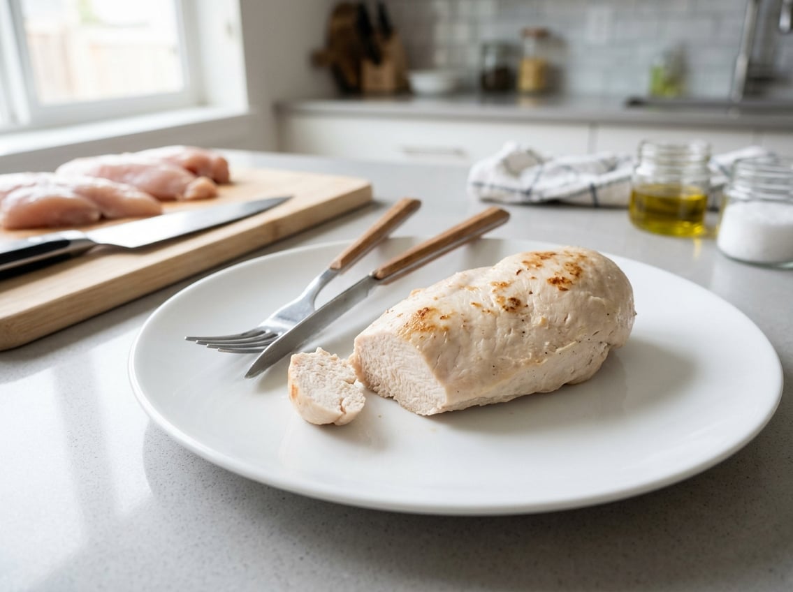 Close-up of a cooked chicken breast on a plate with kitchen utensils and raw chicken pieces on a countertop.