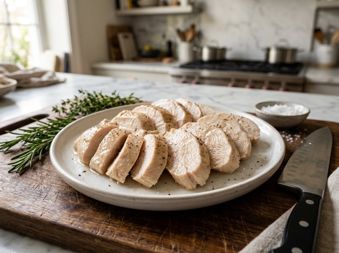 Close-up of sliced cooked chicken breast on a plate showing its dense and slightly rubbery texture with kitchen utensils and fresh herbs nearby.