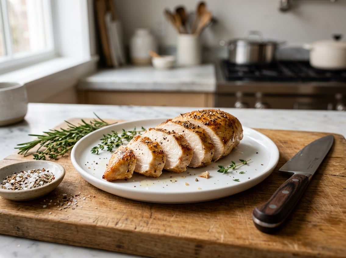 Close-up of a sliced, juicy chicken breast on a white plate with fresh herbs and kitchen tools on a wooden cutting board in a bright kitchen.