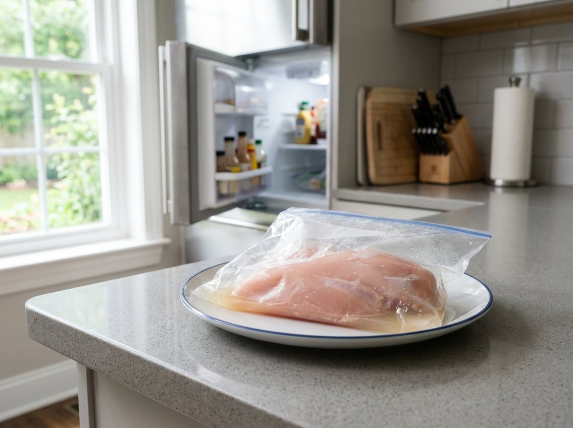Raw chicken breast sealed in a plastic bag on a plate on a kitchen countertop with a refrigerator door open in the background.