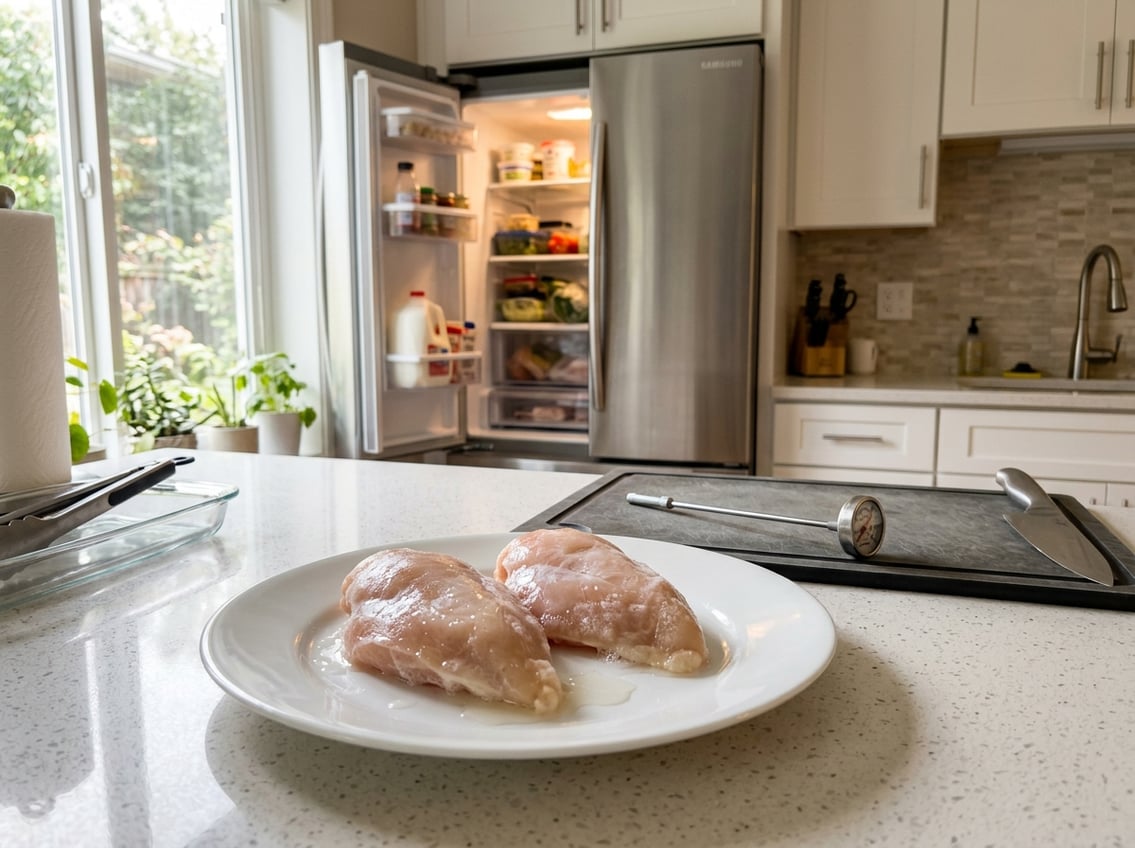 Raw chicken breasts on a white plate on a kitchen countertop with an open refrigerator in the background.