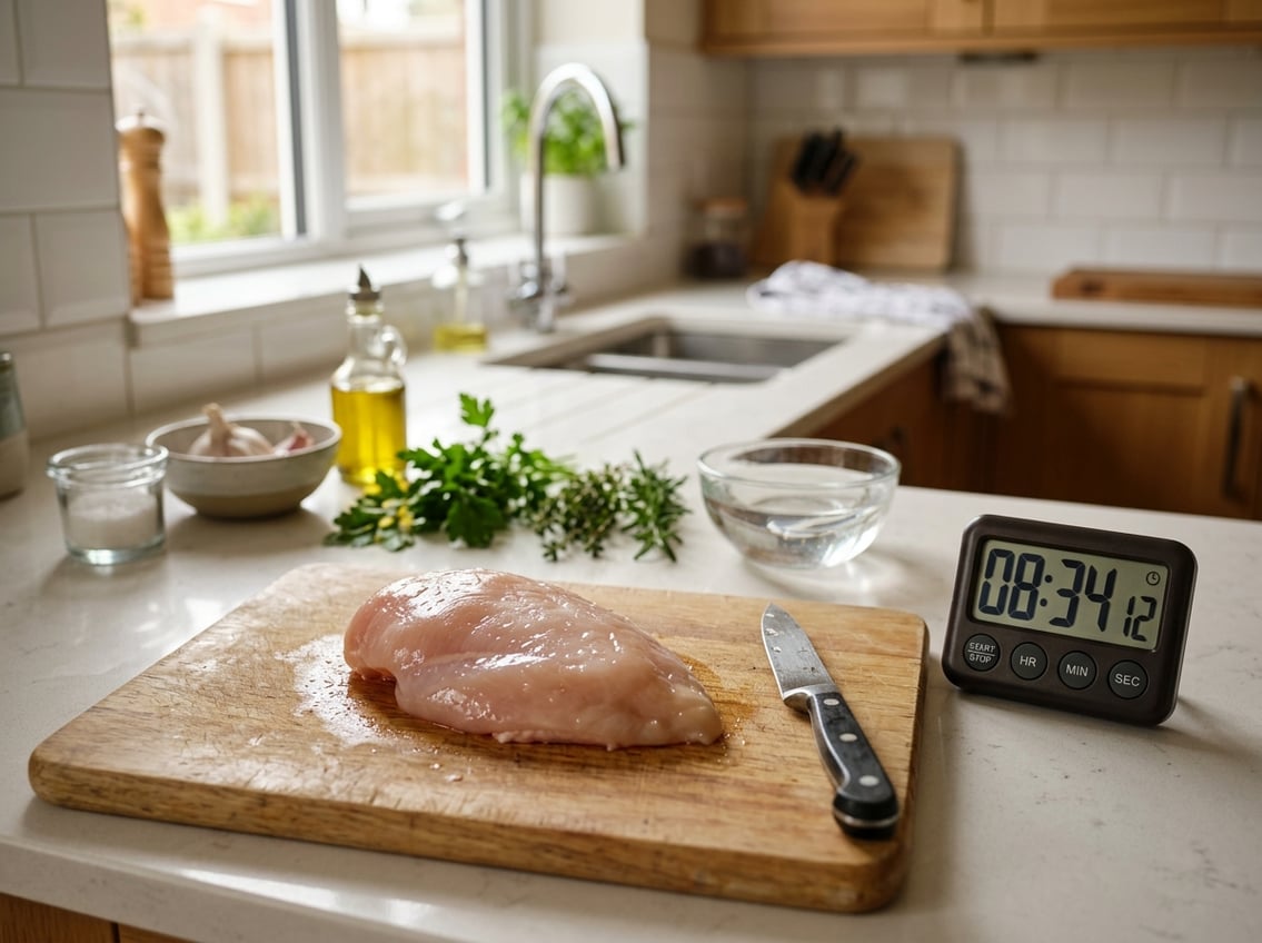 Raw chicken breast on a cutting board in a kitchen with a digital timer nearby, suggesting thawing overnight.
