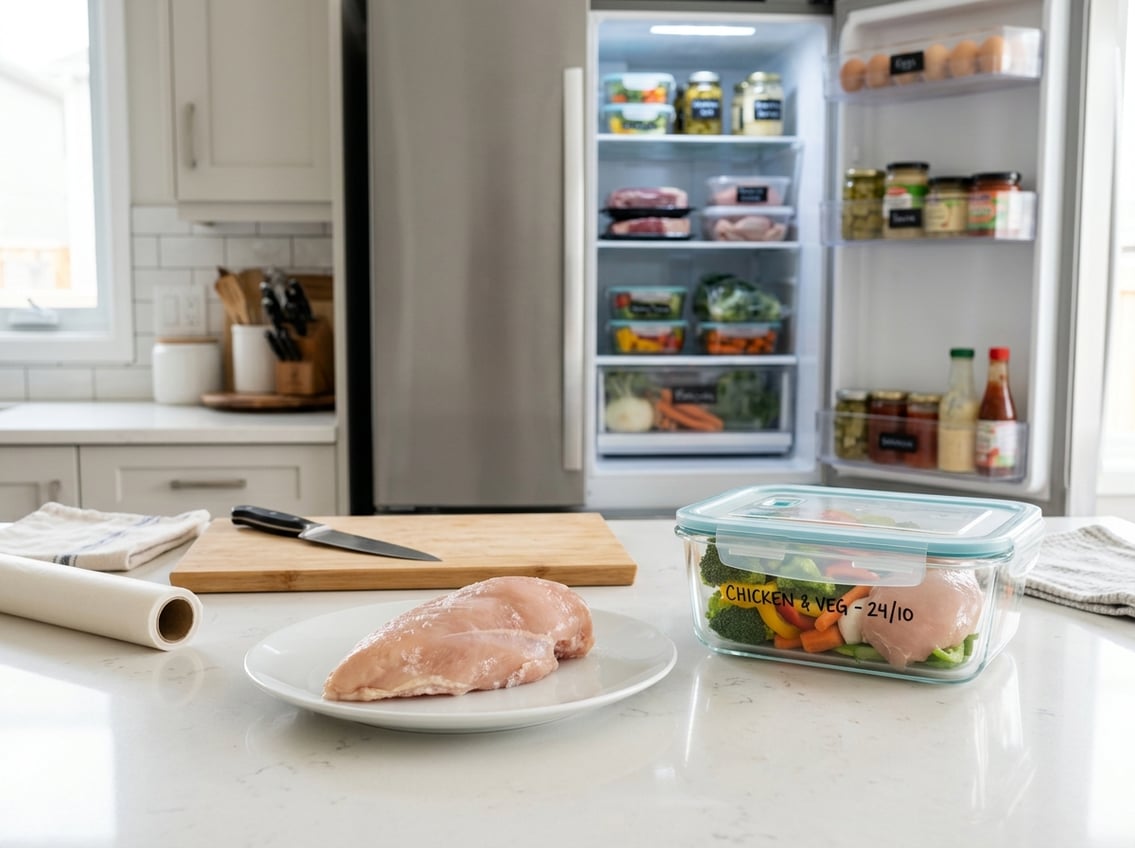 A kitchen countertop with a partially thawed chicken breast on a plate, an airtight container with food, and an open refrigerator showing organized shelves with stored food.