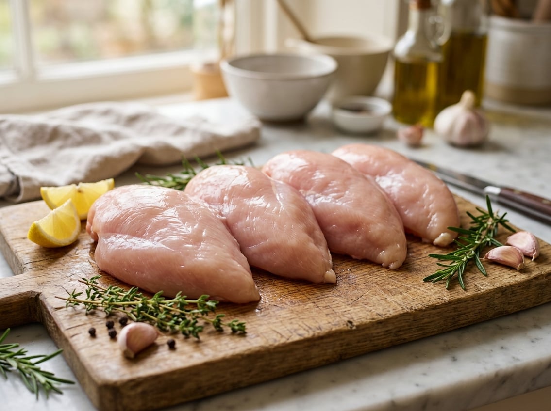 Close-up of several large raw chicken breasts on a wooden cutting board with fresh herbs and lemon wedges around them.