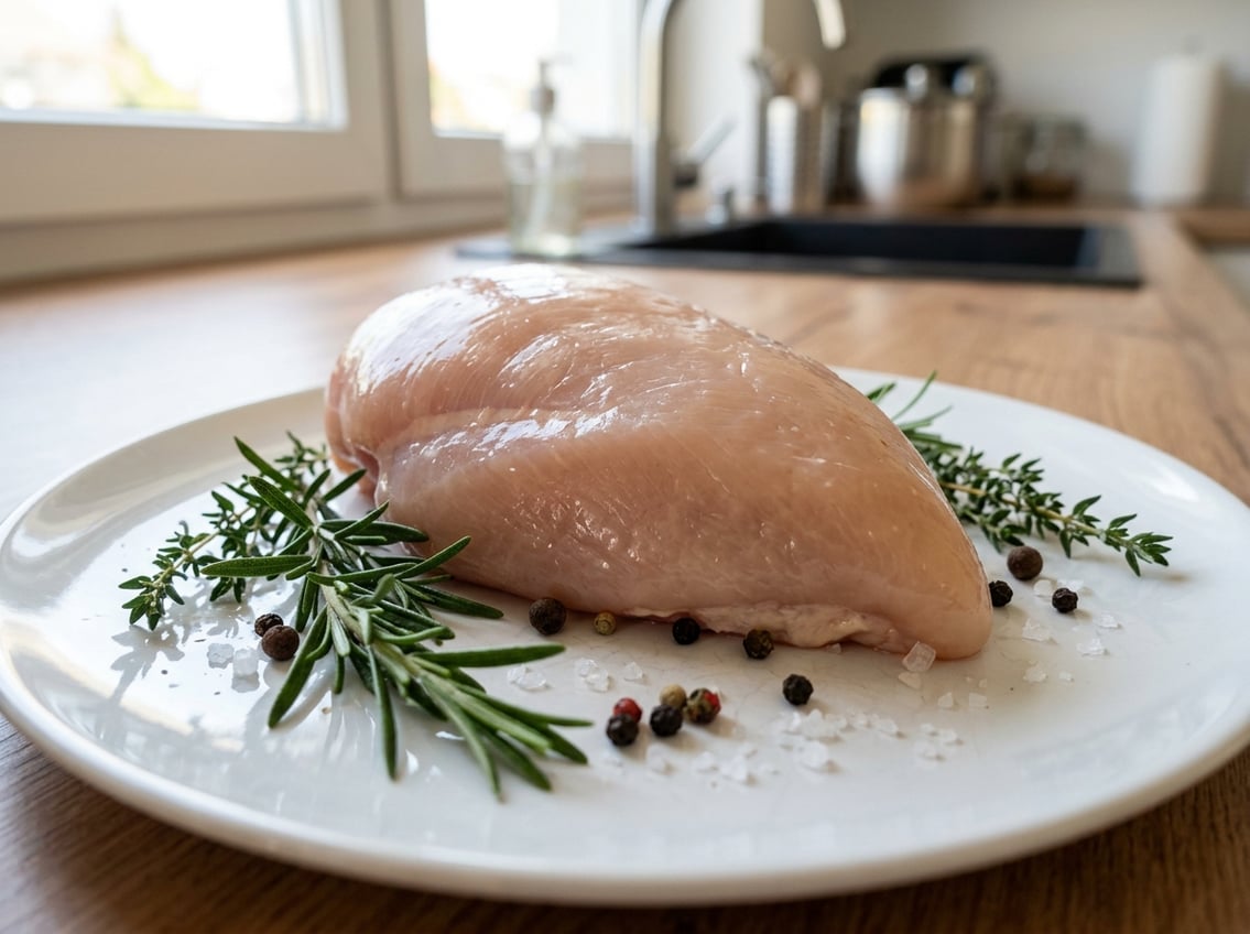 A large raw chicken breast on a white plate with fresh herbs and spices, set in a bright kitchen.