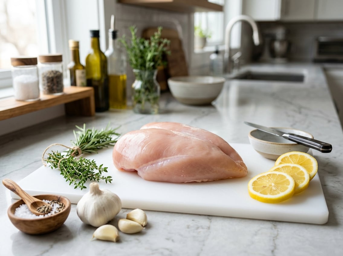 A raw chicken breast on a white cutting board with herbs, garlic, and lemon slices in a kitchen.