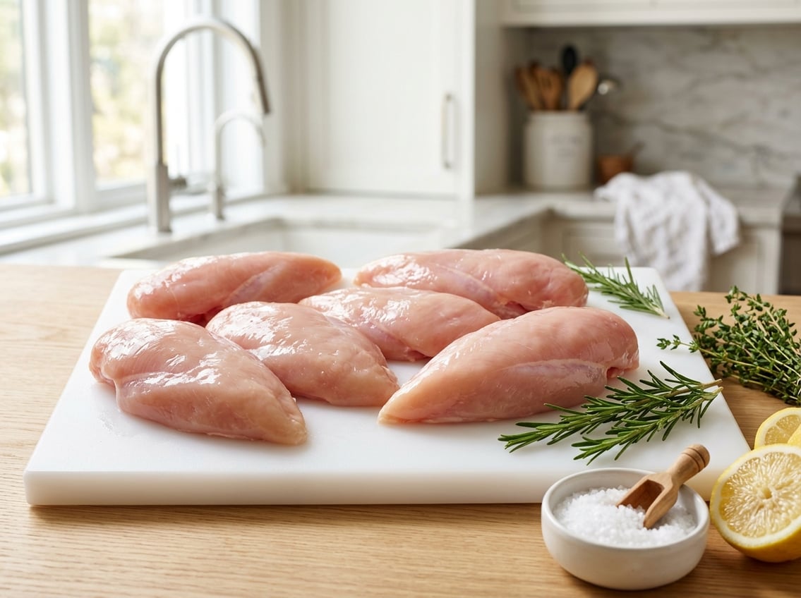 Several large raw chicken breasts on a white cutting board with fresh herbs and lemon in a bright kitchen.