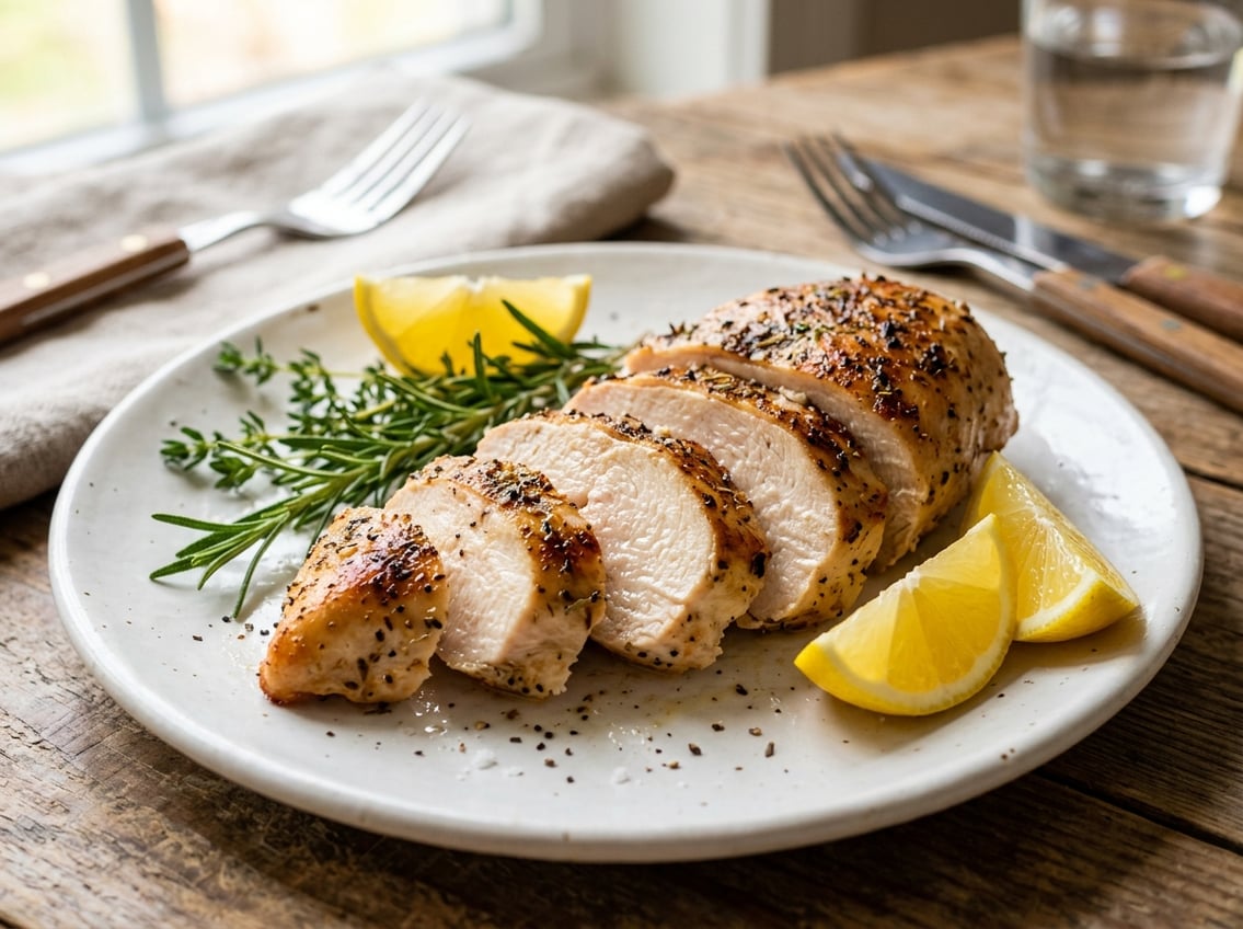 A sliced, juicy cooked chicken breast on a white plate garnished with fresh herbs and lemon wedges.