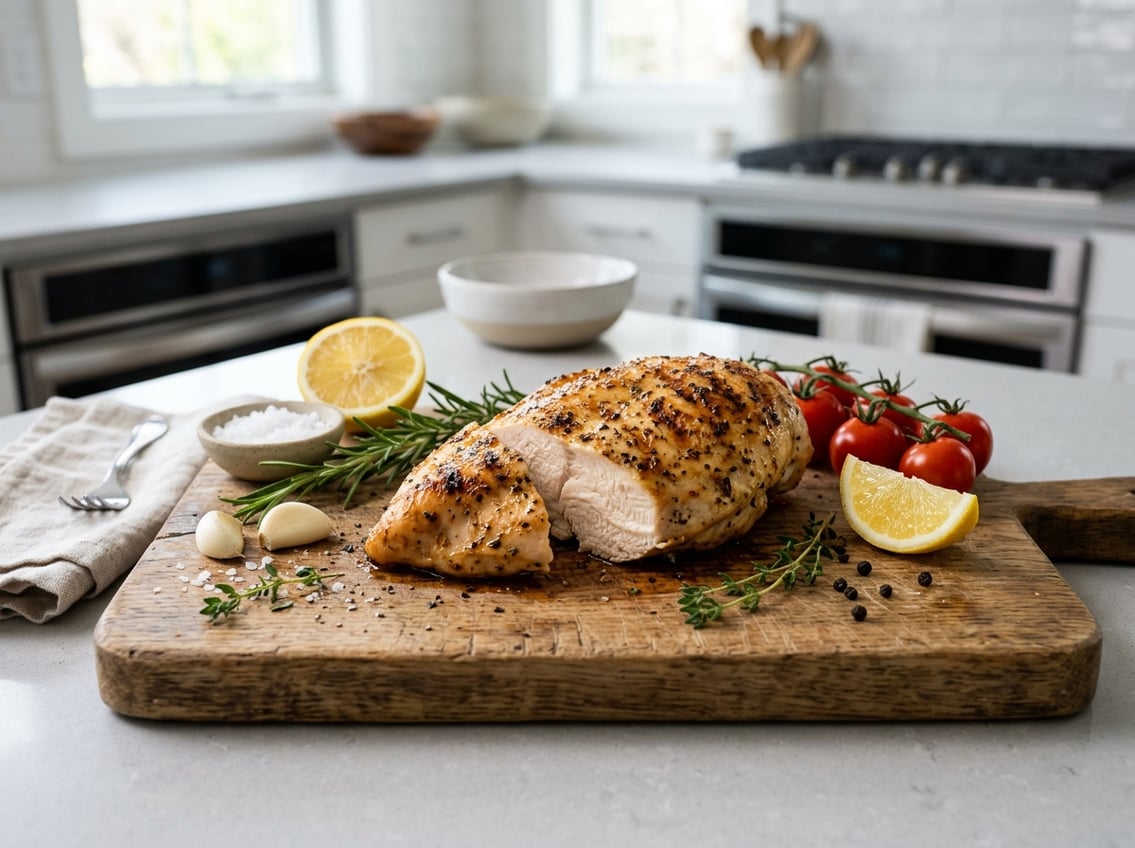 A cooked chicken breast on a wooden cutting board surrounded by fresh herbs, garlic, lemon wedges, and cherry tomatoes in a kitchen setting.