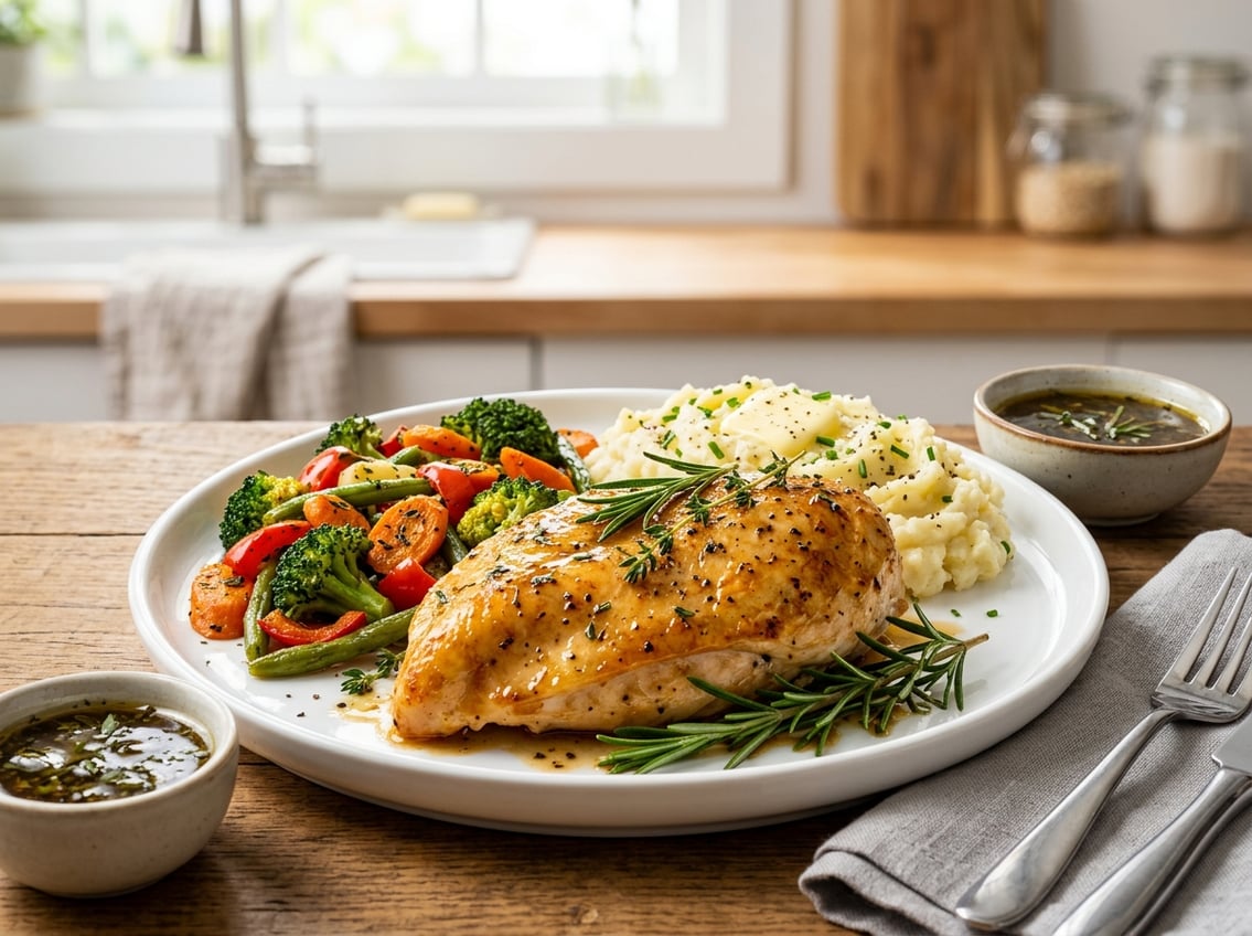 A cooked chicken breast on a white plate garnished with herbs, accompanied by steamed vegetables and mashed potatoes on a kitchen table.