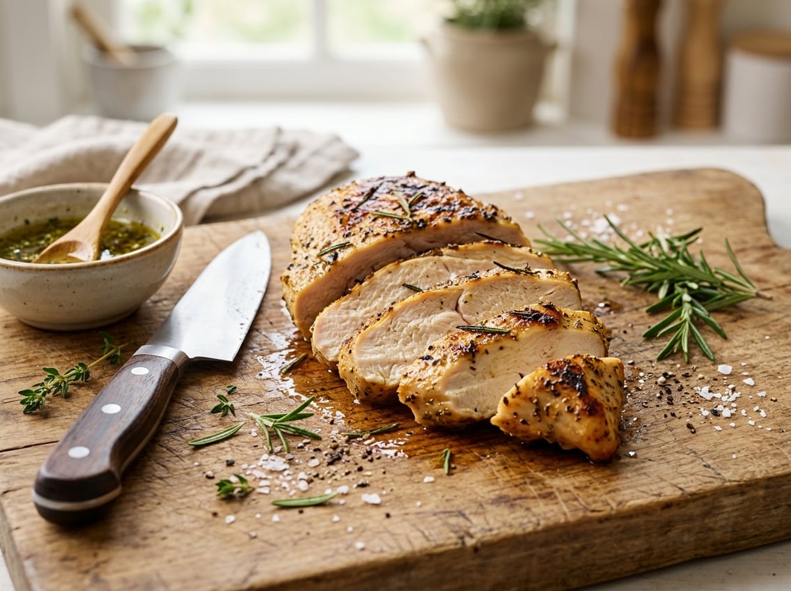 Close-up of a sliced, juicy cooked chicken breast on a wooden cutting board with fresh herbs and a kitchen knife nearby.