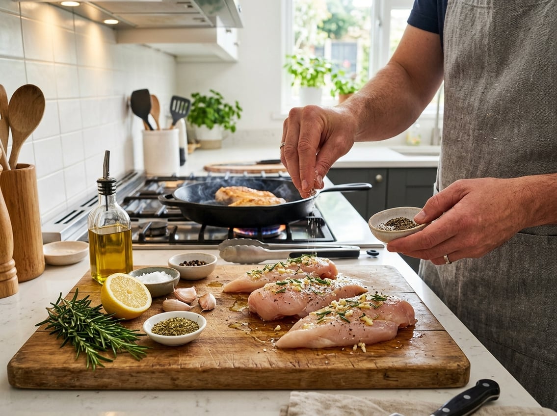 Hands seasoning raw chicken breasts on a cutting board in a bright kitchen with a frying pan cooking chicken on the stove.