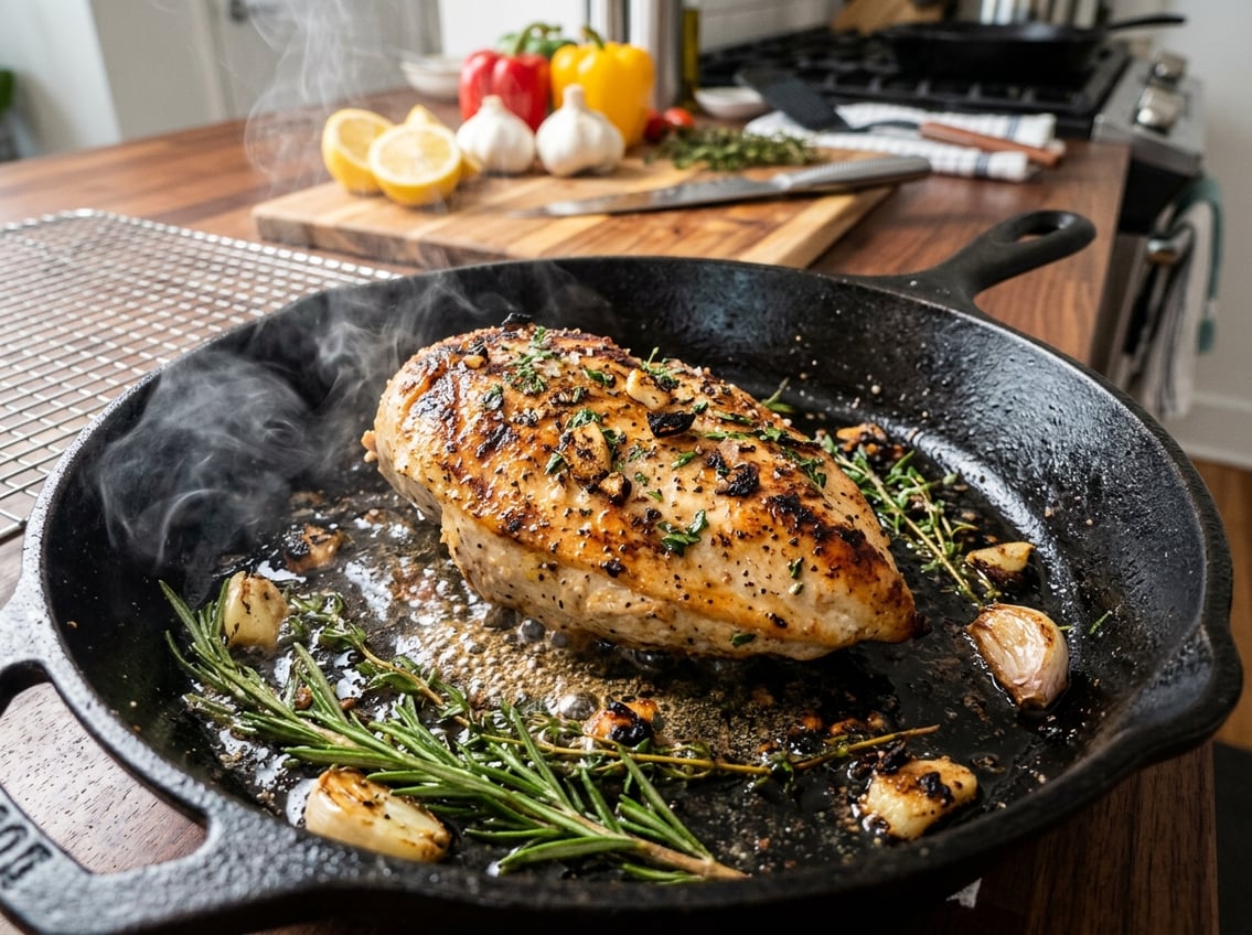 Close-up of a golden brown chicken breast cooking in a hot skillet with herbs and steam rising.