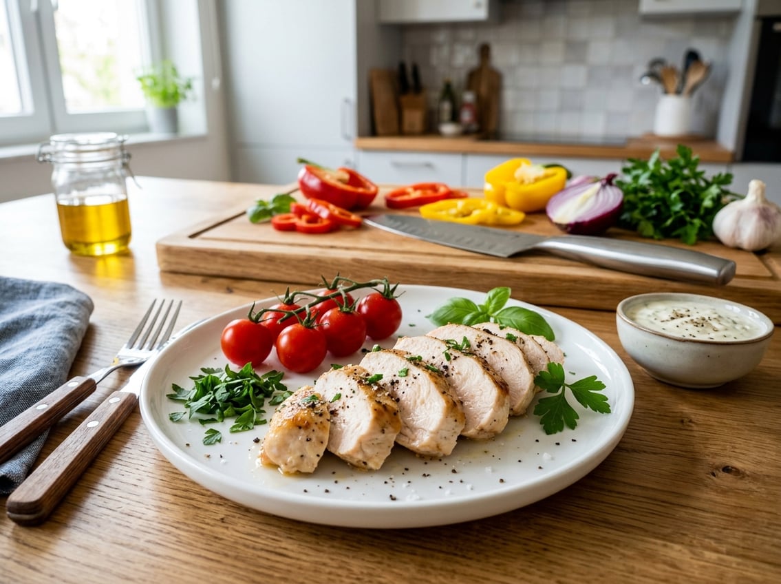 A plate of sliced cooked chicken breast with fresh vegetables and herbs on a kitchen counter.