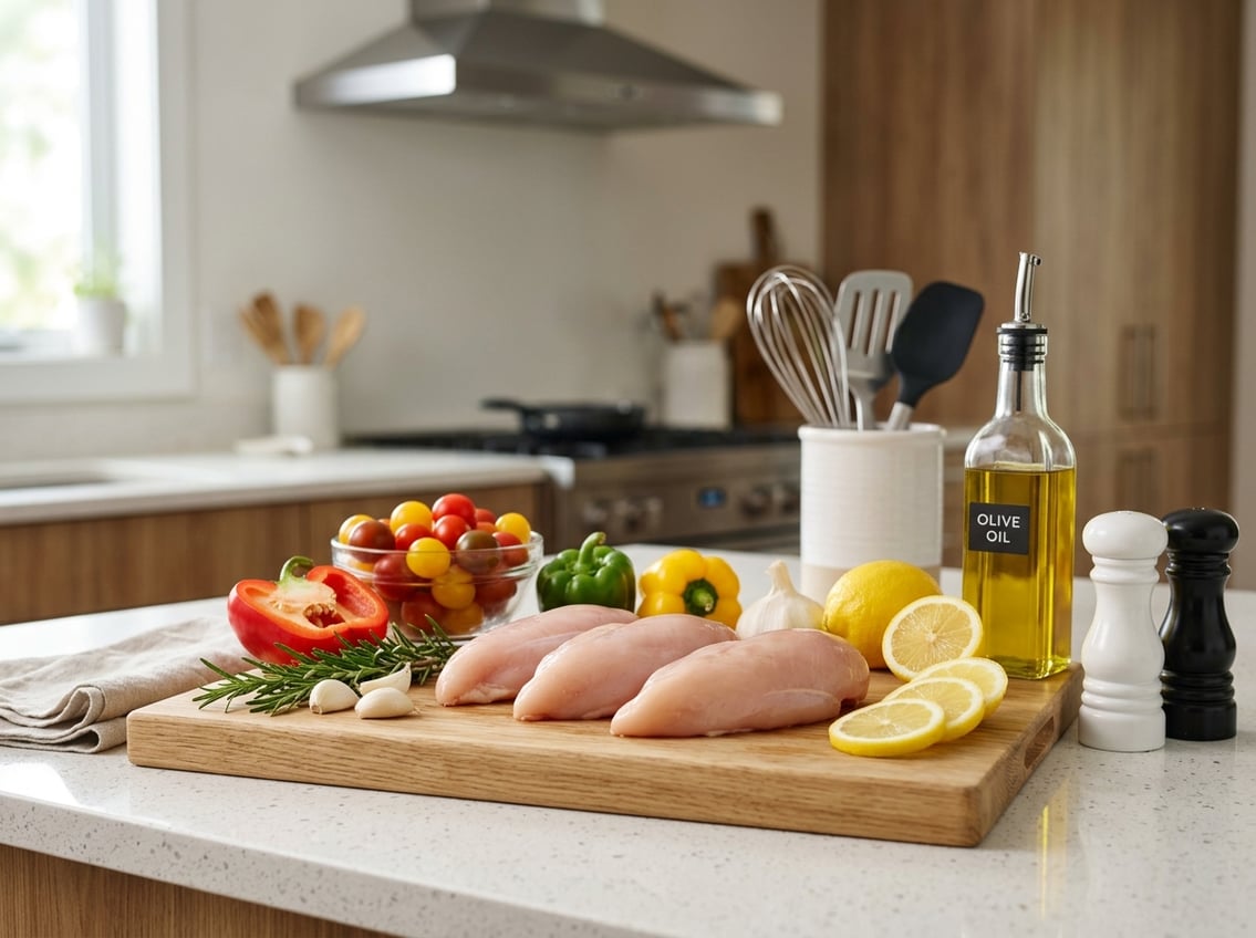 Raw chicken breasts on a cutting board surrounded by fresh ingredients in a kitchen setting.