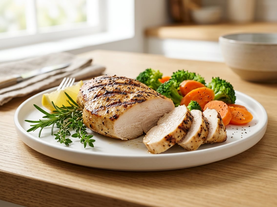 A sliced, juicy cooked chicken breast on a white plate with fresh herbs and steamed vegetables on a kitchen countertop.