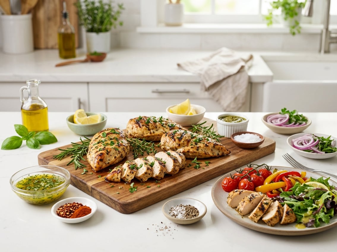 Cooked chicken breasts on a plate garnished with fresh herbs, surrounded by small bowls of spices, sauces, and fresh vegetables on a kitchen countertop.