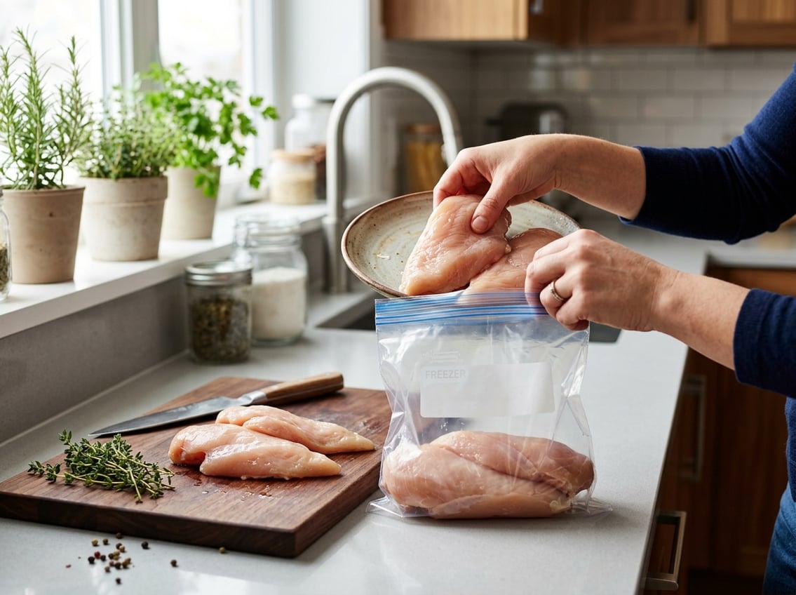 Hands placing raw chicken breasts into a freezer bag on a kitchen countertop with fresh herbs nearby.